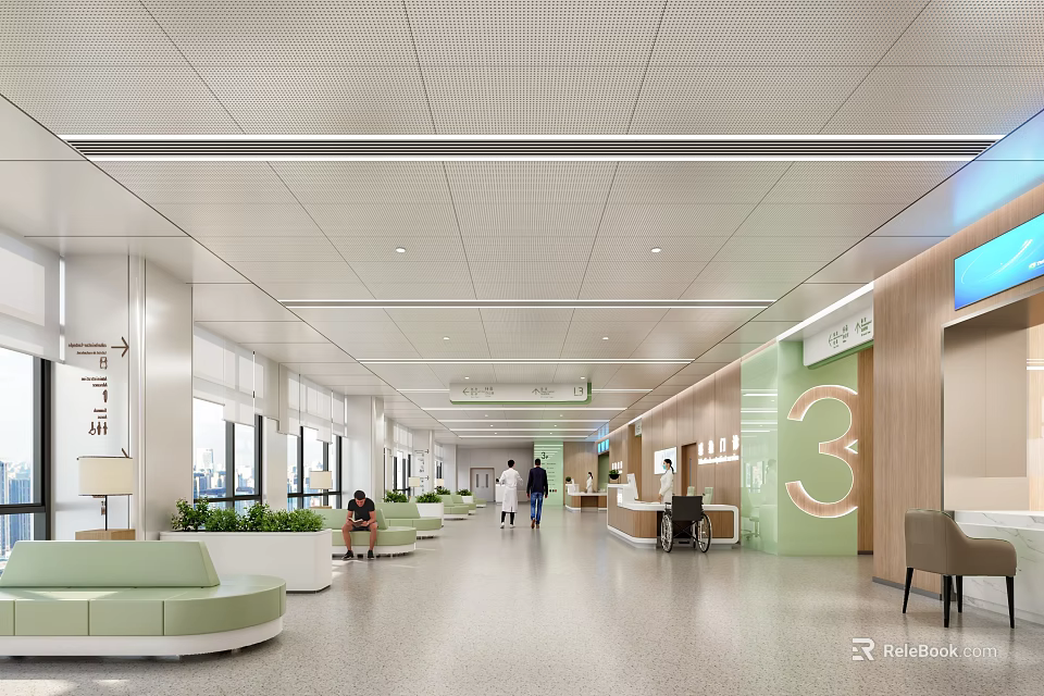 Modern Hospital Outpatient Clinic Corridor With Waiting Area Seating Green Plants And Signage 3d model 