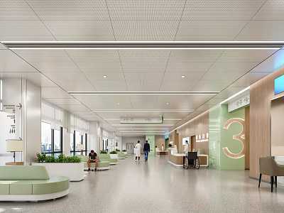 Modern Hospital Outpatient Clinic Corridor With Waiting Area Seating Green Plants And Signage 3d model