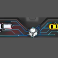 Modern Car Showroom Display With Silver Yellow Cars Glass Cases And Bright Lighting Elements