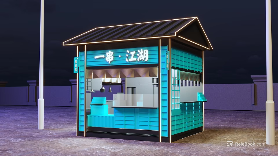 Traditional Chinese Street Food Stall With Blue Exterior And Neon Sign At Night 3d model 