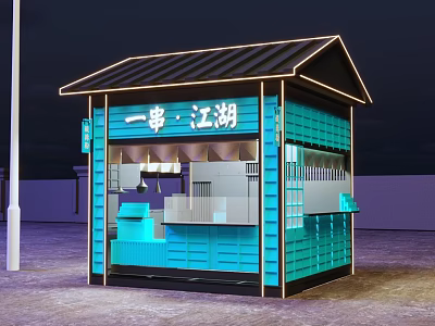 Traditional Chinese Street Food Stall With Blue Exterior And Neon Sign At Night 3d model