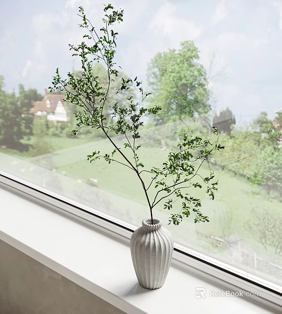 White Striped Vase With Green Branches On Window Sill And Outdoor View 3d model 