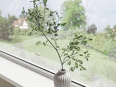 White Striped Vase With Green Branches On Window Sill And Outdoor View 3d model