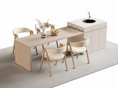 Modern Bar Counter Interior Design with Four Chairs Fruit Bowl Vase and Sink 3d model