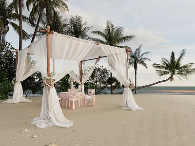 Romantic Beach Wedding Canopy Setup With Elegant Dining Setting Facing Blue Ocean Amid Palm Trees 3d model