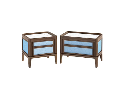 Two Modern Wooden Bedside Tables With Drawers And Blue Glass Panels 3d model