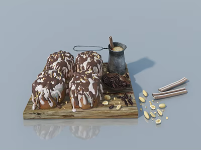 Sweet Bread With Chocolate And White Frosting On Wooden Tray Alongside Cinnamon Sticks And Nuts 3d model