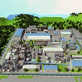 Aerial View of Industrial Plant Surrounded by Green Hills With Multiple Buildings and Industrial Equipment