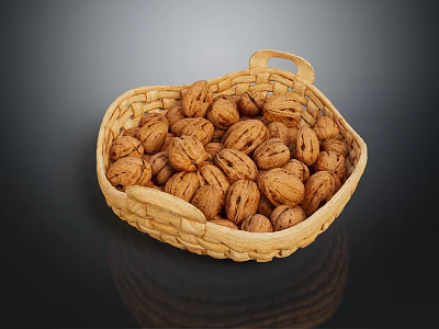 Fresh Walnuts in Wicker Basket Display on Dark Surface with Reflection 3d model