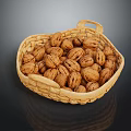 Fresh Walnuts in Wicker Basket Display on Dark Surface with Reflection