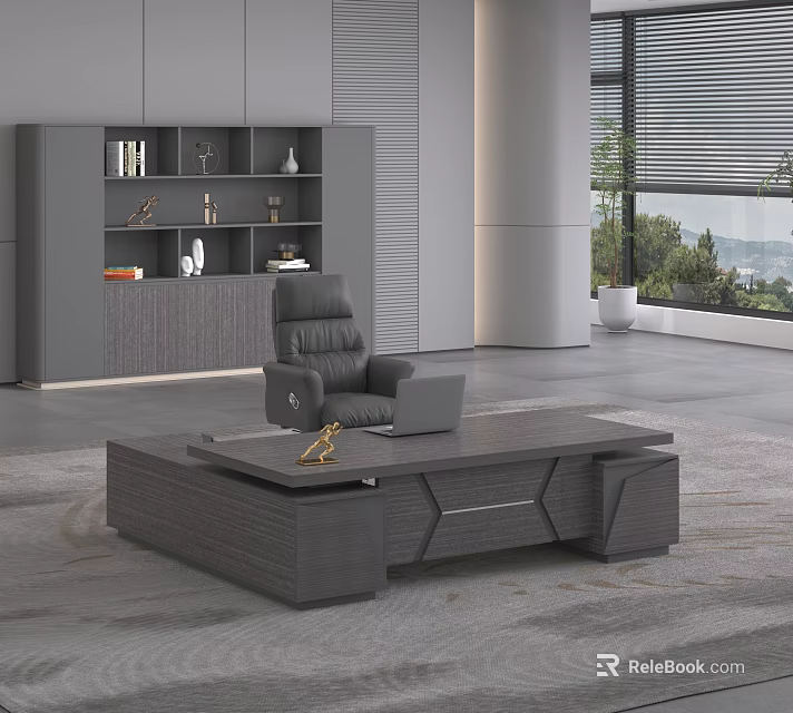 Modern Office Interior Design with Grey Desk Leather Chair Bookshelf and Window Greenery View 3d model 