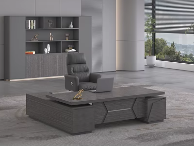 Modern Office Interior Design with Grey Desk Leather Chair Bookshelf and Window Greenery View 3d model