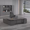 Modern Office Interior Design with Grey Desk Leather Chair Bookshelf and Window Greenery View