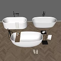 Modern Freestanding White Bathtubs On Herringbone Wooden Floor With Faucets Slippers And Towel Rack