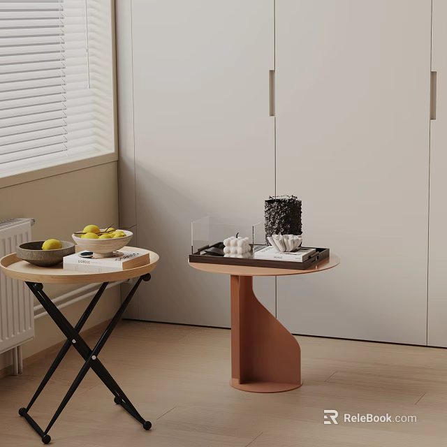 Modern Wooden Round Side Tables With Crossed Legs And Decorations In Living Room 3d model 