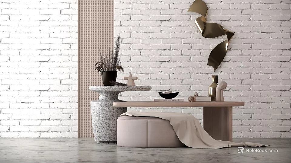 Modern Minimalist Side Table With Stool And Decorative Items Against White Brick Wall 3d model 
