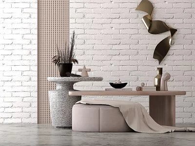 Modern Minimalist Side Table With Stool And Decorative Items Against White Brick Wall 3d model