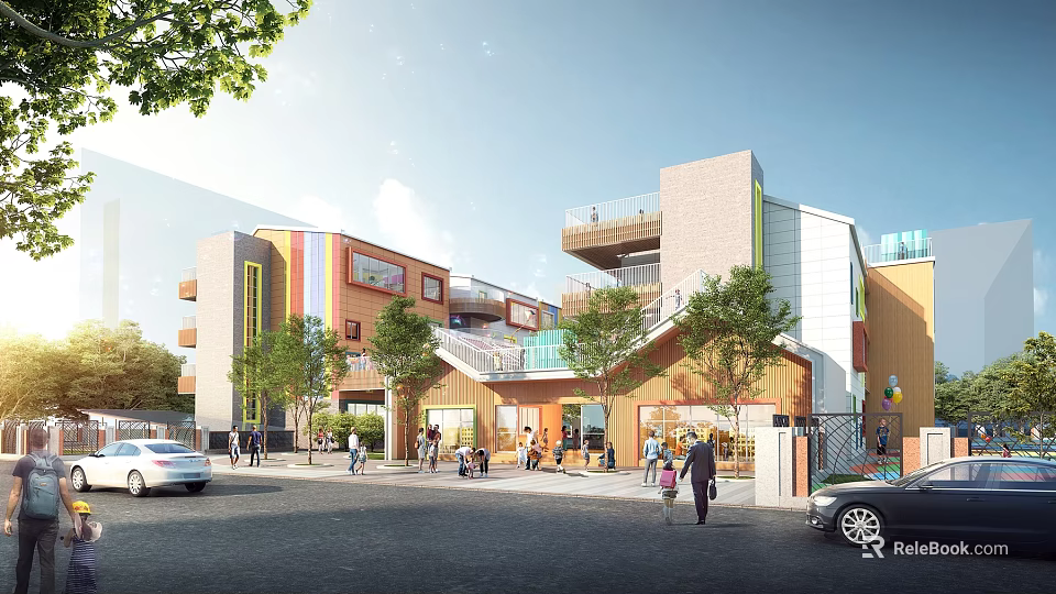 Modern Colorful School Building With Multiple Floors Green Trees And Students 3d model