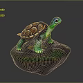 Vibrant Turtle Figurine With Colorful Shell Green Limbs And Head On Rock With Green Moss