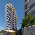 Modern Sales Office Building With Glass Canopy And Surrounding Tall Buildings