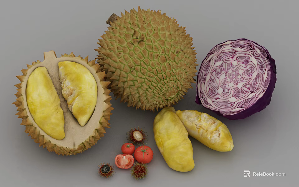 Fresh Tropical Fruits Display With Whole Sliced Durian Rambutans And Cherry Tomatoes 3d model 