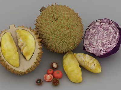 Fresh Tropical Fruits Display With Whole Sliced Durian Rambutans And Cherry Tomatoes 3d model