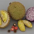 Fresh Tropical Fruits Display With Whole Sliced Durian Rambutans And Cherry Tomatoes