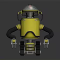 Yellow Robot With Transparent Dome Head And Mechanical Arms On Tracked Base