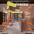 Modern Restaurant Exterior With Neon Signage Glass Doors Outdoor Seating And City Night View