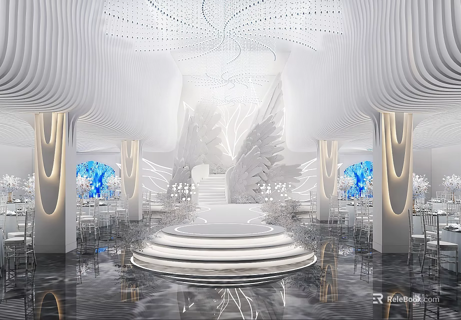 Elegant Banquet Hall Interior With White Decor Crystal Chandelier Blue Floral And Stage 3d model 