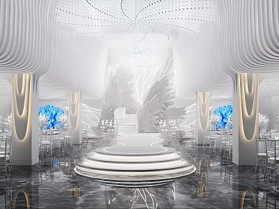 Elegant Banquet Hall Interior With White Decor Crystal Chandelier Blue Floral And Stage 3d model