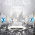 Elegant Banquet Hall Interior With White Decor Crystal Chandelier Blue Floral And Stage