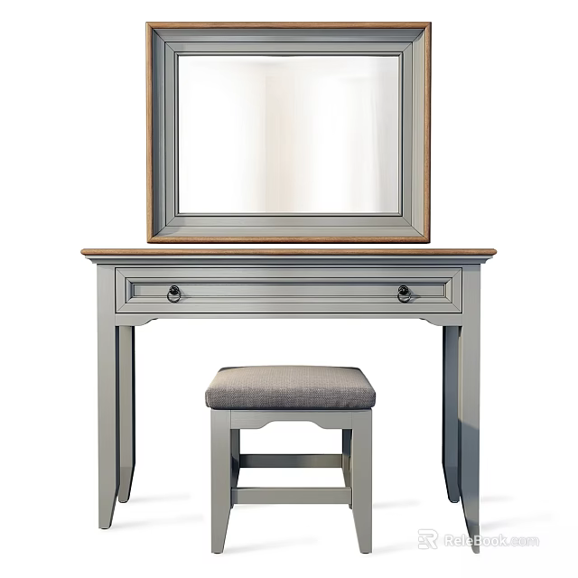 Simple Gray Dressing Table Interior Design With Wooden Mirror And Stool Drawers 3d model 