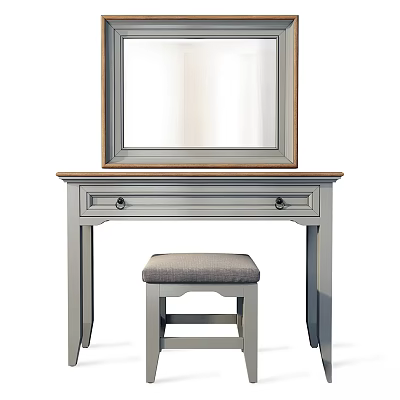 Simple Gray Dressing Table Interior Design With Wooden Mirror And Stool Drawers 3d model