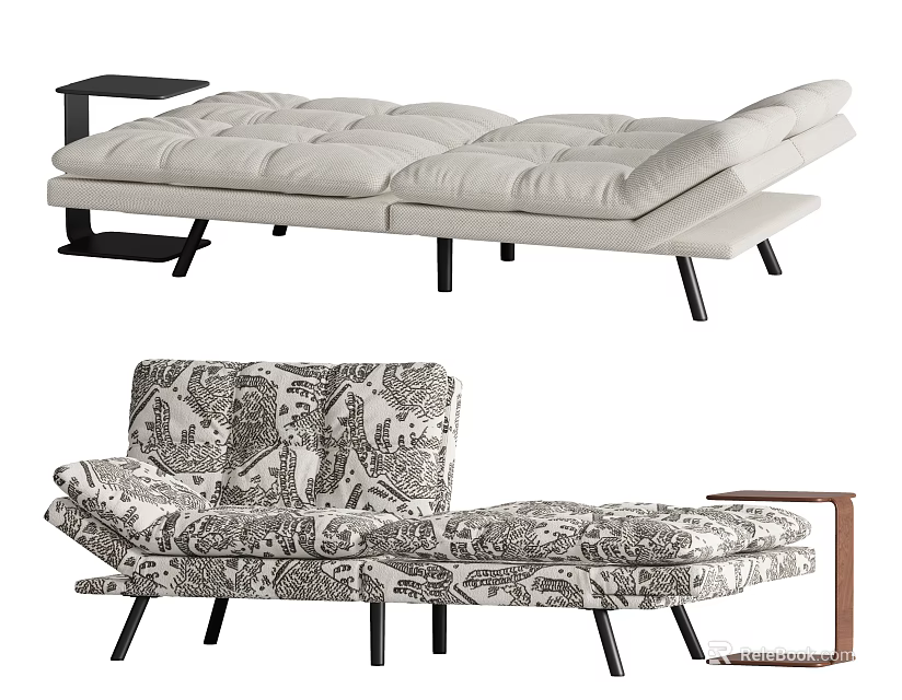 Stylish Chaise Lounge Beige Black White Patterned With Side Table Upholstered Seats Black Legs 3d model 