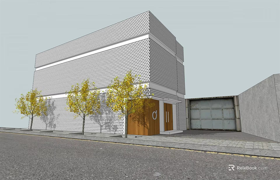 Modern Commercial Complex With Geometric Pattern Facade And Wooden Glass Entrance 3d model 