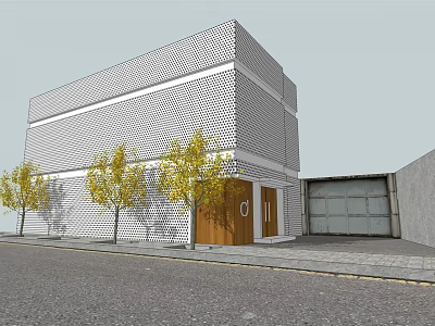 Modern Commercial Complex With Geometric Pattern Facade And Wooden Glass Entrance 3d model