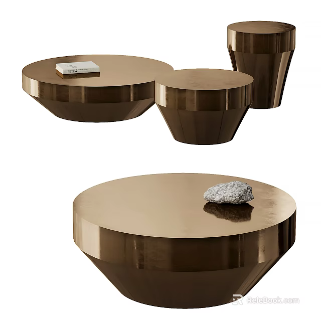 Modern Brass Round Coffee Table Set With Decorative Stone And Side Tables 3d model