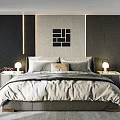 Background Double Bed In Stylish Bedroom With Gray Bedding Pillows Nightstand Lamp And Wall Art