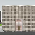 Modern Storefront Facade With Golden Perforated Panels Glass Doors Stone Steps And Water Feature