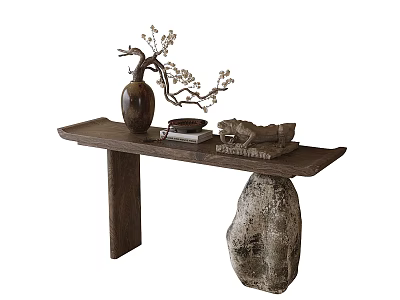 Rustic Wooden Console Table With Vase Branches Books And Decorative Stone 3d model