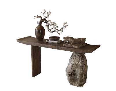 Rustic Wooden Console Table With Vase Branches Books And Decorative Stone 3d model