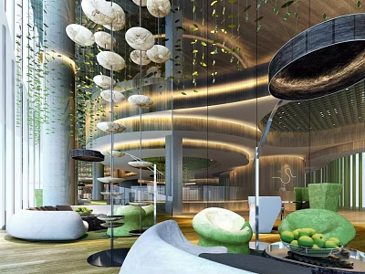 Modern Sales Office Interior With Hanging Spherical Lights Green Furniture And Glass Walls 3d model
