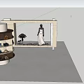 Clothing Store Mannequin In White Wedding Dress With Pink Flowers And Display Shelves Open Area