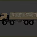 Brown Military Cargo Truck With Camouflage Tarp Covered Bed And Multiple Wheels