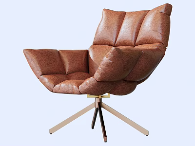 Modern Brown Leather Armchair with Tufted Design and Wooden Crossed Legs 3d model