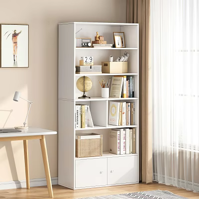 Organized Desk With White Bookshelf Globe Books Photo Frames Wicker Storage Box And Lamp 3d model