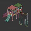 Children Playground Structure With Green Slide Red Roof And Wooden Swings