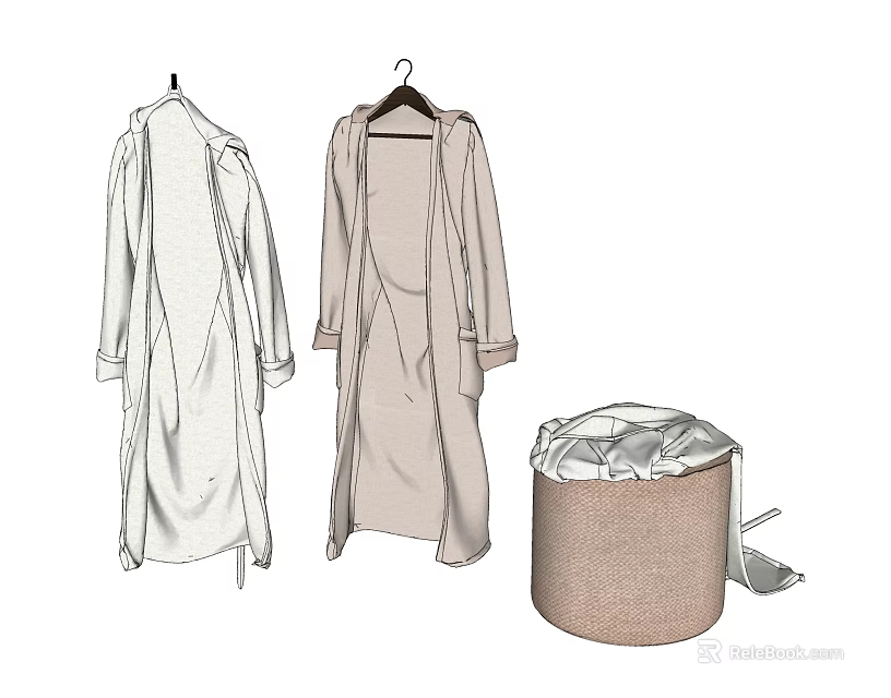 Stylish Long Coats Hanging on Hangers with Beige Storage Bin and Lid 3d model 