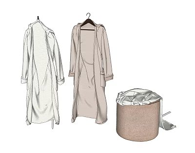 Stylish Long Coats Hanging on Hangers with Beige Storage Bin and Lid 3d model